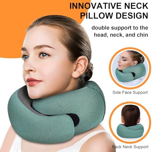 Travel Pillow - Hooded Neck Pillow Airplane Memory Foam Filling for Plane, Office, Cars Sleeping, Road Trip, Long Flights, Portable Plane Accessories, Includes Eye Mask & Earplugs (Green) - Image 2