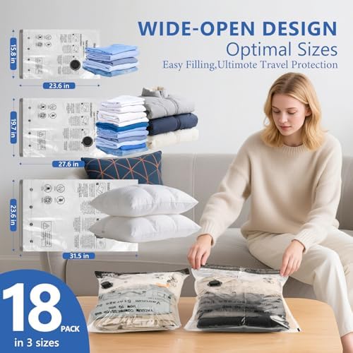 NESCCI Travel Vacuum Bags for Clothing with Rechargeable Wireless Air Pump,18 Pack Compression Seal Packing Bags for Luggage Suitcase,Carry-on Size Space Saver Vacuum Storage Bags - Image 3