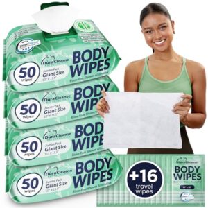 Body Wipes for Women, Extra Moist No Rinse Bathing Sheets 4pk, 200 XL Shower Cloths + 16 Deodorizing Bath Wipes -10 x 11.5" Travel Size Essentials,Toiletries for Womens Hygiene & Post Workout Cleanup
