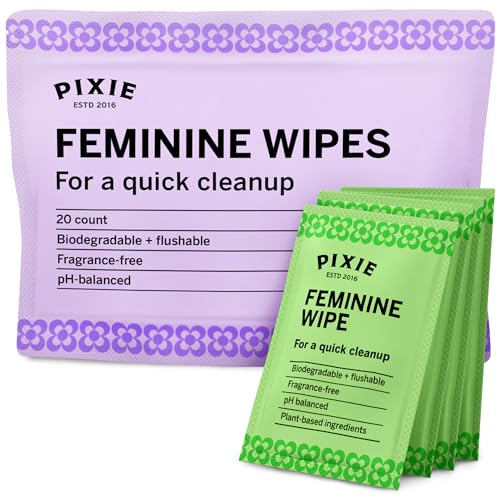 Pixie Feminine Wipes - Flushable, Biodegradable, & Ph Balanced - Individually Wrapped Packet Wipes for On The Go & Public Bathrooms - Wash & Cleaner For Your Menstrual Cups & Discs (1 Pack of 20)
