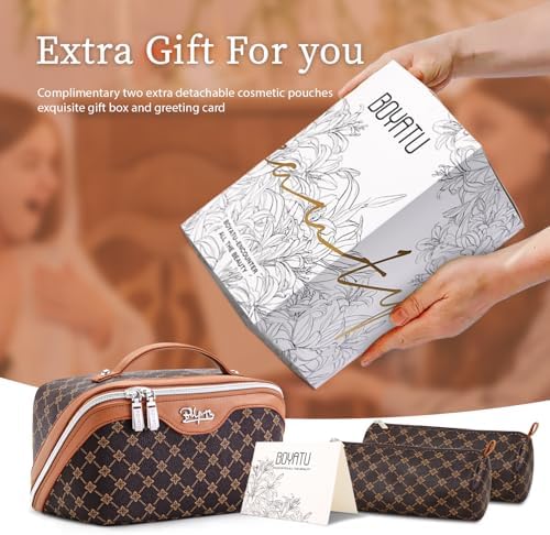 BOYATU Travel Makeup Bag Cosmetic Bags for Women: 3 Pcs Set Large Portable Make up Bag with Handle - Vegan Leather Toiletry Bags with Compartments - Makeup Organizer for Travel Essentials(A-1-Coffee) - Image 6