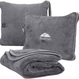 BlueHills Premium Soft Travel Blanket Pillow Airplane Flight Blanket Throw Bag Pillowcase Compact Large 2 in 1 Combo Warm Traveling Plane Essentials Portable Gifts Lightweight Grey Gray T007