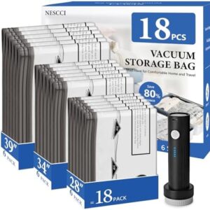 NESCCI Travel Vacuum Bags for Clothing with Rechargeable Wireless Air Pump,18 Pack Compression Seal Packing Bags for Luggage Suitcase,Carry-on Size Space Saver Vacuum Storage Bags