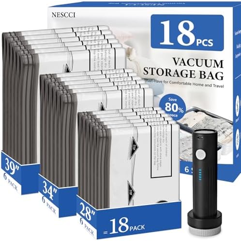 NESCCI Travel Vacuum Bags for Clothing with Rechargeable Wireless Air Pump,18 Pack Compression Seal Packing Bags for Luggage Suitcase,Carry-on Size Space Saver Vacuum Storage Bags