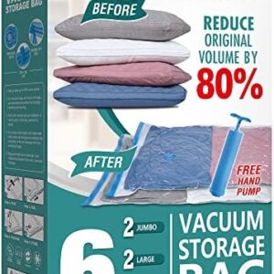 6 Pack Vacuum Storage Bags with Hand Pump, 80% Space Saver Vacuum Seal Storage Bags for Clothing, Travel Lugggage, Blankets, Comforters