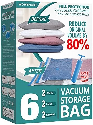 6 Pack Vacuum Storage Bags with Hand Pump, 80% Space Saver Vacuum Seal Storage Bags for Clothing, Travel Lugggage, Blankets, Comforters