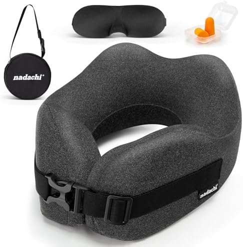 Neck Pillow Airplane Travel Set - Pure Memory Foam Travel Neck Pillow, Plane Pillow for Long Flights Essentials, Sleeping with 3D Contoured Eye Mask, Earplugs, Portable Bag (Darkgray-M)