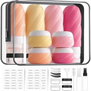 LitBear 23 Pack TSA Approved Travel Bottles for Toiletries, Leak Proof Refillable Travel Size Containers Kit with Silicone Squeezable Bottles Jars for Shampoo Lotion Conditioner, in Clear Bag, Pink