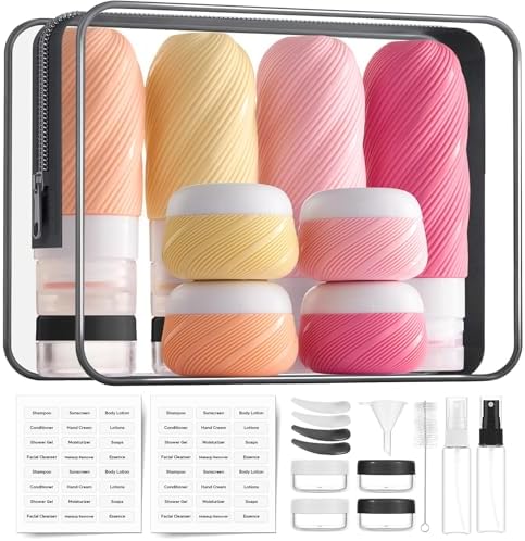 LitBear 23 Pack TSA Approved Travel Bottles for Toiletries, Leak Proof Refillable Travel Size Containers Kit with Silicone Squeezable Bottles Jars for Shampoo Lotion Conditioner, in Clear Bag, Pink