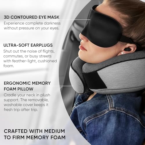 Proglobe Travel Neck Pillows for Airplanes, Sleeping Essentials for Long haul Flights, 360° Head Support, Car and Airplane Kit with 3D Contoured Eye Mask, Earplugs and Luxury Mesh Bag (Adult, Grey) - Image 4