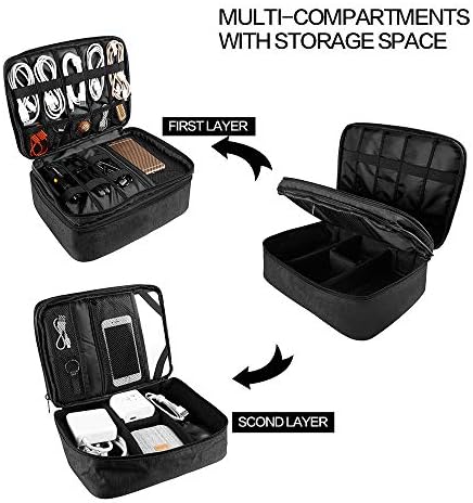 Travel Electronics Organizer, Waterproof Cable Organizer Bag for Electronic Accessories Double Layer Large Shockproof Cable Storage Bag for Cord, Power Bank, Tablet(Up to iPad 11 inch) - Black - Image 3