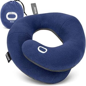 BCOZZY Travel Neck Pillow for Airplane – Patented Double Support for Head, Neck, and Chin. Best for Long Flights, Plane Sleeping, and Car Rides. Adjustable Size. Fully Washable. Carry Bag. Large, Navy