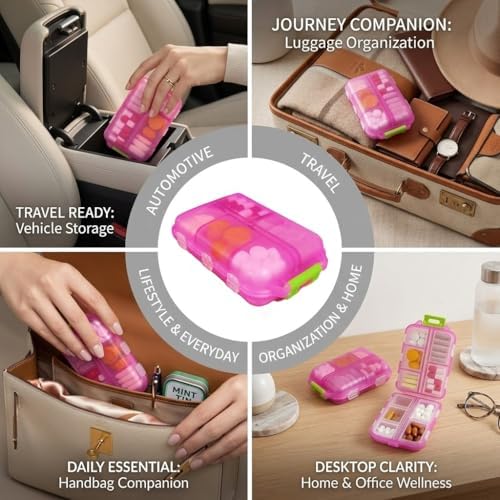 Pill Organizer with Medicine Labels Travel Daily Pill Container Mini Medication Organizer Storage Pill Organizer Travel Essentials Pill Case 7 Day (Pink & 161 Lables) - Image 3