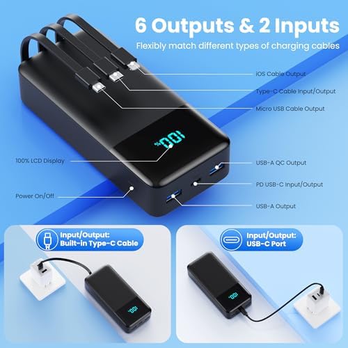 Portable Charger 50800mAh Power Bank with 3 Built in Cables,25W PD QC4.0 Fast Charging USB C Battery Pack,6 Outputs 2 Inputs Travel Essentials Portable Phone Charger for iPhone 17/16/15,Google,Android - Image 5