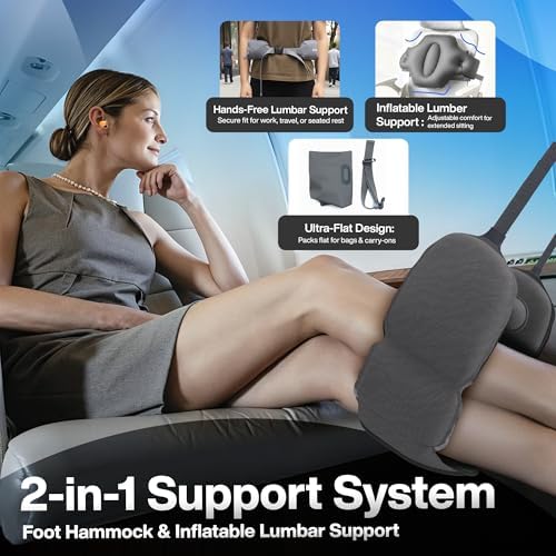 4-in-1 Travel Comfort Set – Inflatable Neck Pillow, Convertible Lumbar Support & Foot Hammock, 3D Sleep Mask & Ear Plugs – Complete Comfort Kit for Airplane, Office & Car – Gift-Ready (Gray) - Image 5