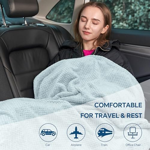 BEDELITE Travel Blanket with Bag, Ultra-Soft Jacquard Fleece Blanket with Luggage Sleeve & Backpack Clip, Airplane Blanket Travel Essentials, Blue - Image 7