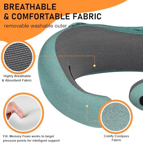 Travel Pillow - Hooded Neck Pillow Airplane Memory Foam Filling for Plane, Office, Cars Sleeping, Road Trip, Long Flights, Portable Plane Accessories, Includes Eye Mask & Earplugs (Green) - Image 4