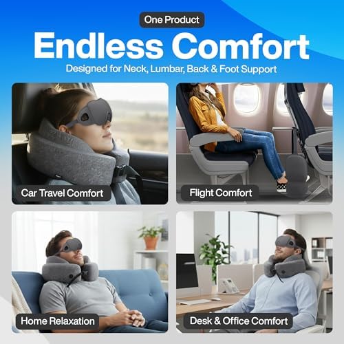 4-in-1 Travel Comfort Set – Inflatable Neck Pillow, Convertible Lumbar Support & Foot Hammock, 3D Sleep Mask & Ear Plugs – Complete Comfort Kit for Airplane, Office & Car – Gift-Ready (Gray) - Image 7