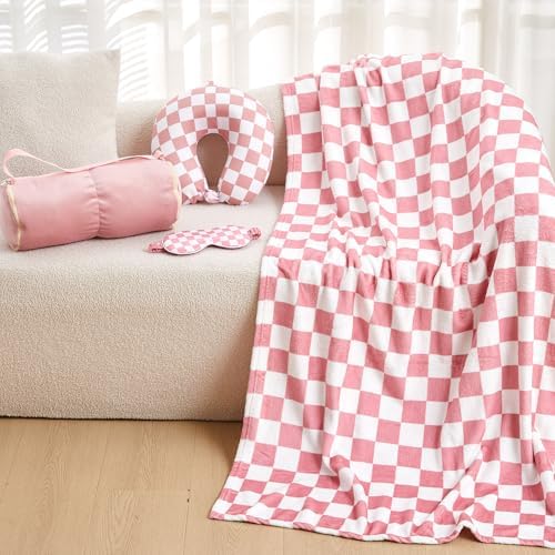5 Pcs Travel Pillow and Blanket Set, 5 in 1 Travel Airplane Compact Includes 40 x 60 Inch Throw Blanket Eye Mask Neck Pillow Earplug and Bag Gifts for Travelers Women(Checkered,Pink) - Image 5