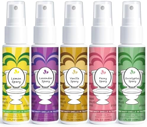 Travel Size Toilet Spray, Air Freshener Spray for Bathroom Deodorizer, Travel Essentials Variety - Lemon, Lavender, Vanilla, Peony, Eucalyptus