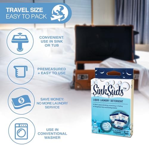 SinkSuds Laundry Detergent, Travel Size Liquid Soap, TSA Compliant, Safe For All Fabrics, 8 Packets (Packaging May Vary) - Image 3