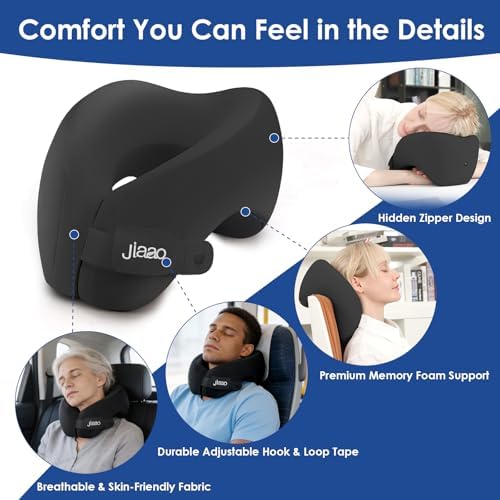 jiaao Travel Pillow Memory Foam Neck Pillow for Airplanes with Adjustable Neck Support, Includes Eye Mask, Earplugs & Storage Bag - Perfect for Flights, Road Trips, and Trains - Image 4
