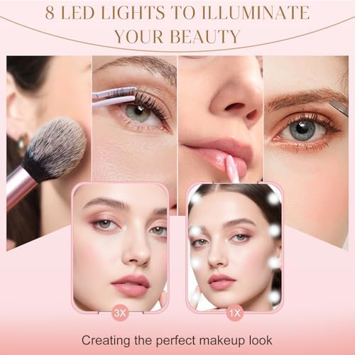 Compact Mirror, 1X/3X Magnification LED Pocket Mirror with Nternal BIattery, Mini Mirror for Purse, Pocket,Travel and Present (Pink) - Image 2