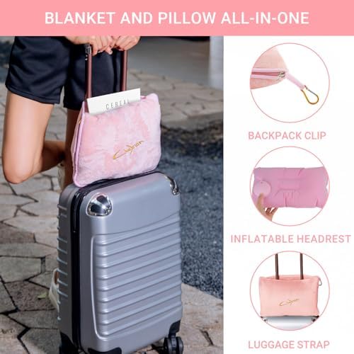 Travel Blanket & Pillow Set, 300 GSM Soft Fleece, 60x43 Inches, 3-in-1 Airplane Blanket, Travel Pillow and Blanket Set, Travel Blanket Airplane Compact with Bag, Travel Essentials, Pink - Image 3