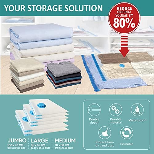 6 Pack Vacuum Storage Bags with Hand Pump, 80% Space Saver Vacuum Seal Storage Bags for Clothing, Travel Lugggage, Blankets, Comforters - Image 2