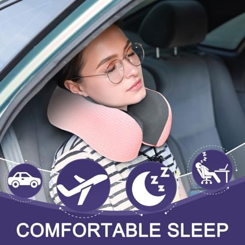 napfun Neck Pillow for Traveling, Upgraded Travel Neck Pillow for Airplane 100% Pure Memory Foam Travel Pillow for Flight Headrest Sleep, Portable Plane Accessories, Pink Striped Kit - Image 2