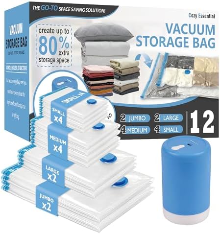 Cozy Essential Travel Vacuum Storage Bags with Rechargeable Cordless Electric Pump, Space Saver Bags for Luggage, Suitcase, Carry-On, for Clothes, Blankets, Comforters, Pillows, 12 Combo