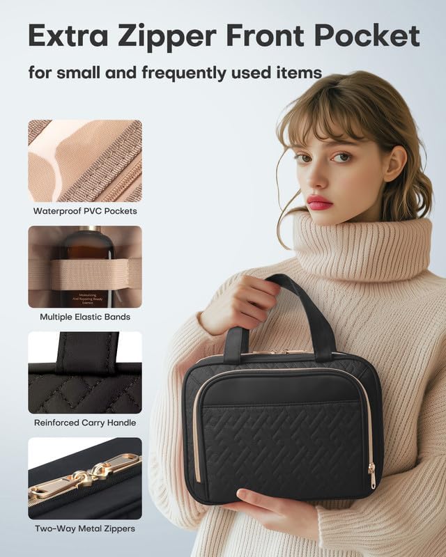 HOTOR Travel Toiletry Bag for Women & Men, Waterproof Makeup Bag with Hanging Hook and Multiple Pockets, Cosmetic Bags for Women, Travel Essentials, 11.2'' x 3.2'' x 8.9'', Black - Image 5