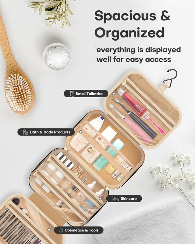 HOTOR Travel Toiletry Bag for Women & Men, Waterproof Makeup Bag with Hanging Hook and Multiple Pockets, Cosmetic Bags for Women, Travel Essentials, 11.2'' x 3.2'' x 8.9'', Black - Image 2